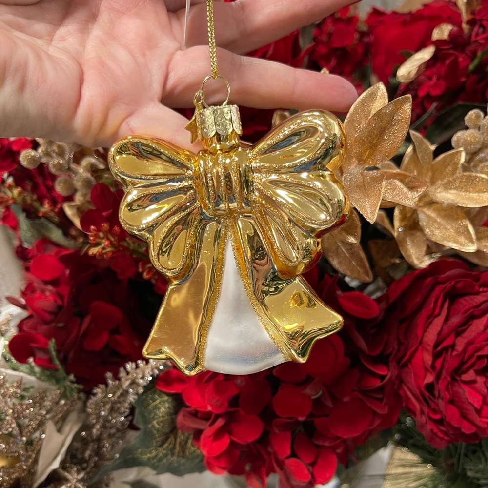 Christmas Ornament Gold Glitter Ribbon Bow Glass Handblown Vondels Amsterdam NWT